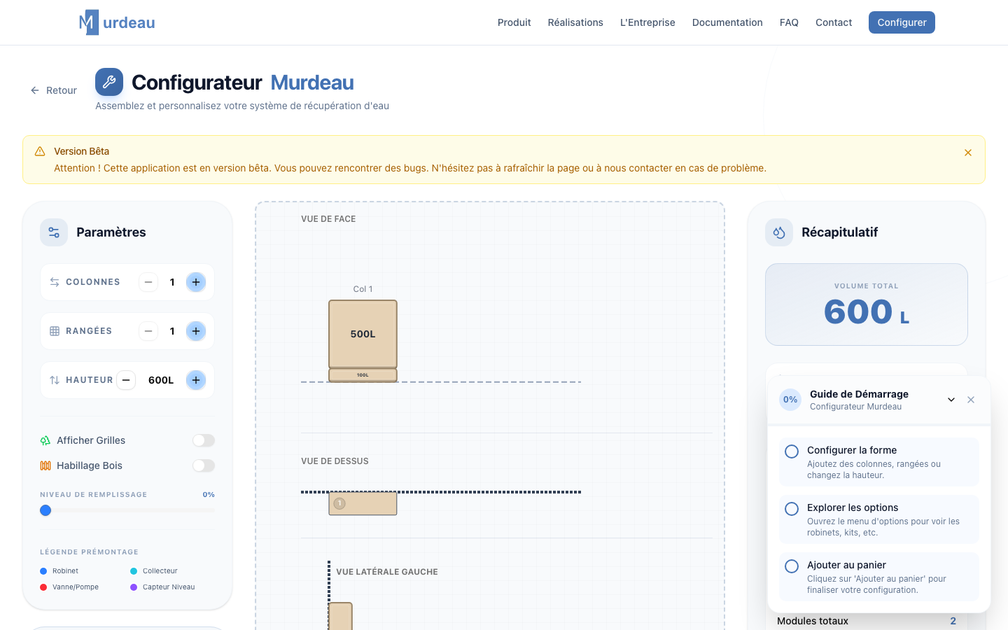 Vue builder 3D du configurateur, configuration en cours avec liste des modules et prix